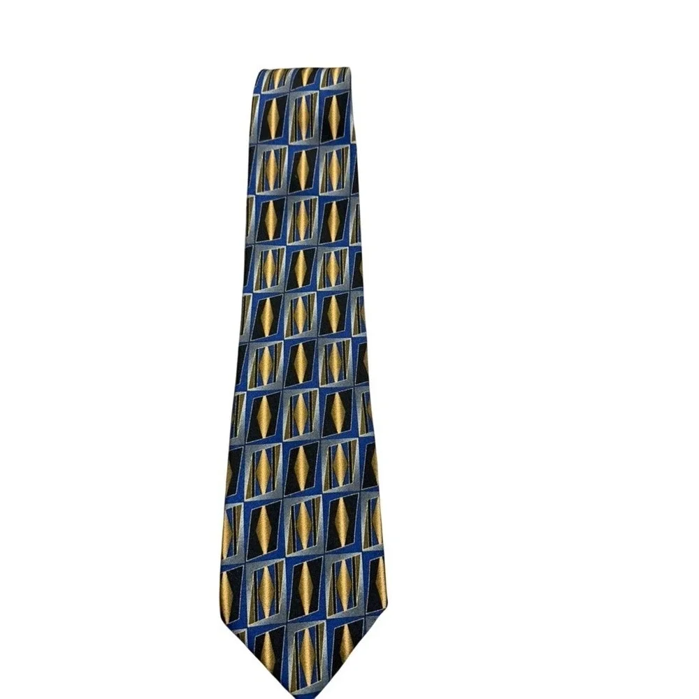 Chez Roffe New York Mens‎ Silk Tie Blue Gold Geometric Diamond Pattern Wide 4in